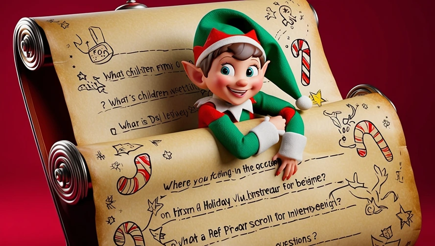 A playful holiday elf in Disney-Pixar style peeking from behind a scroll full of children's questions, perfect for elf response letters.