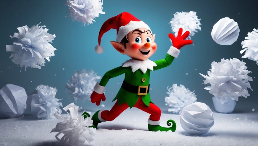 Holiday elf enjoying a playful snowball fight with tissue paper, demonstrating quick and creative setups