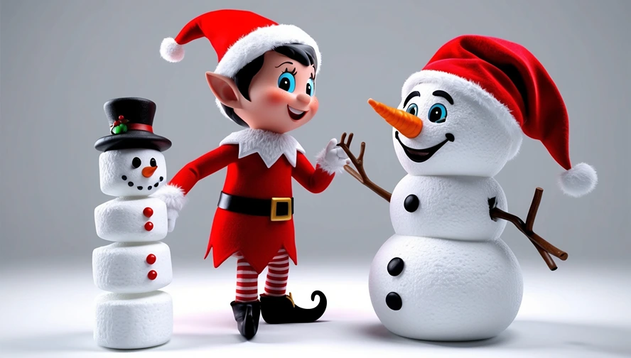 Holiday elf posing with two cheerful snowmen, illustrating simple and fun holiday setups