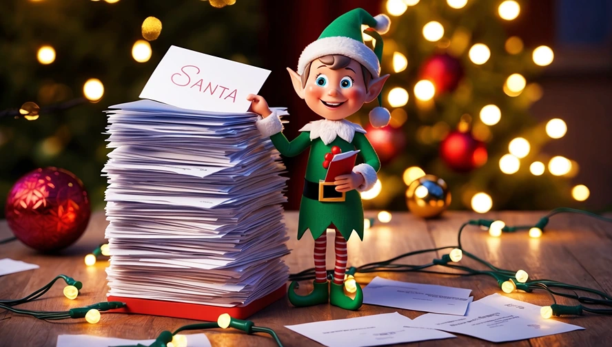 A cheerful holiday elf in Disney-Pixar style sorting a large pile of letters to Santa, capturing the magic of elf response letters.