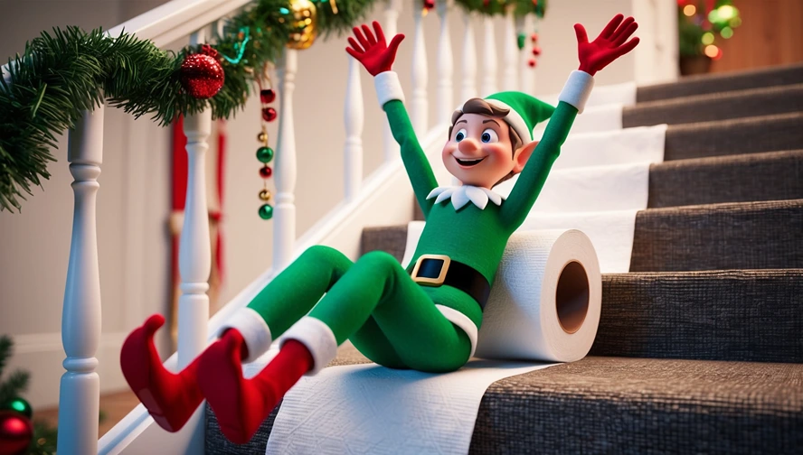 Holiday elf sliding down stairs on a roll of paper, showing a creative use of household items for elf scenes