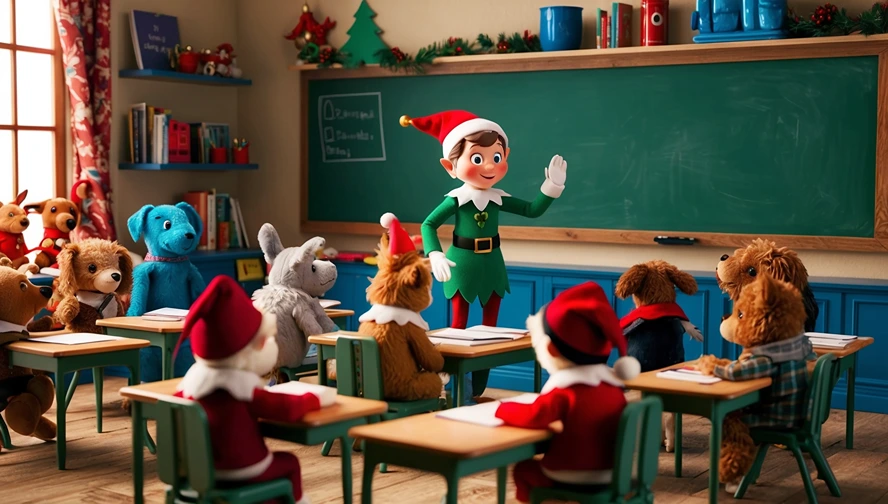 A holiday elf teaching stuffed animals in a classroom setup with a chalkboard, created by Elf Letter Bot to add magic to learning activities.