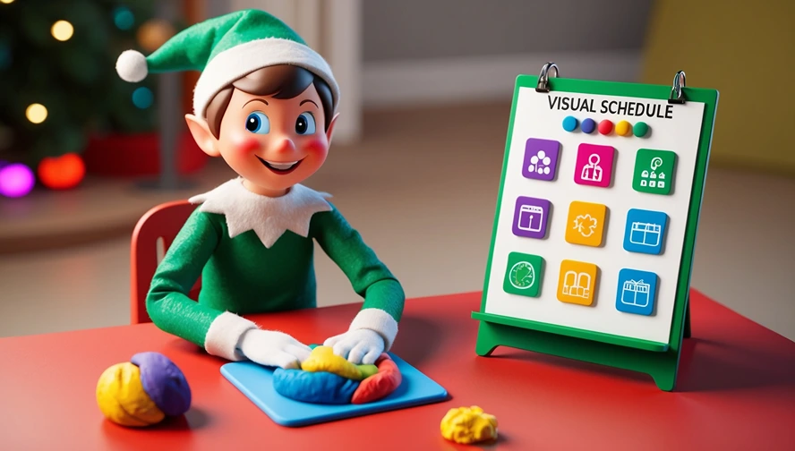Holiday elf with colorful play dough and visual schedule, perfect for special needs children