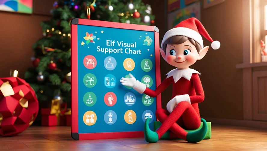 Holiday elf pointing to a visual support chart with colorful icons for children with autism