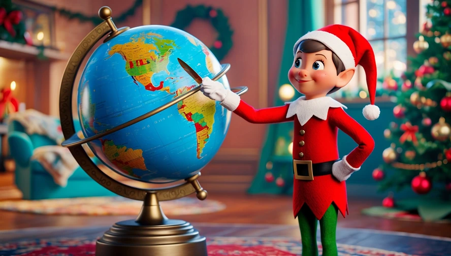 Holiday elf pointing at world globe, discovering traditions with Elf Letter Bot