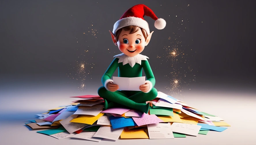Holiday elf sitting on pile of colorful letters, using Elf Letter Bot