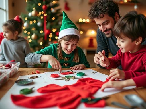 Father and children in festive attire making holiday crafts, with a young girl dressed as an elf, promoting inclusive holiday traditions.
