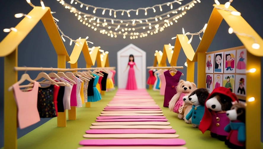 Miniature holiday fashion runway with tiny dresses, string lights, and stuffed animal audience for magical elf adventures