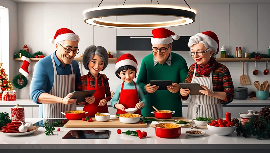 Three generations cooking Italian Christmas dishes together while using tablets for recipes, demonstrating how Magic Letter Box helps preserve holiday traditions in the digital age
