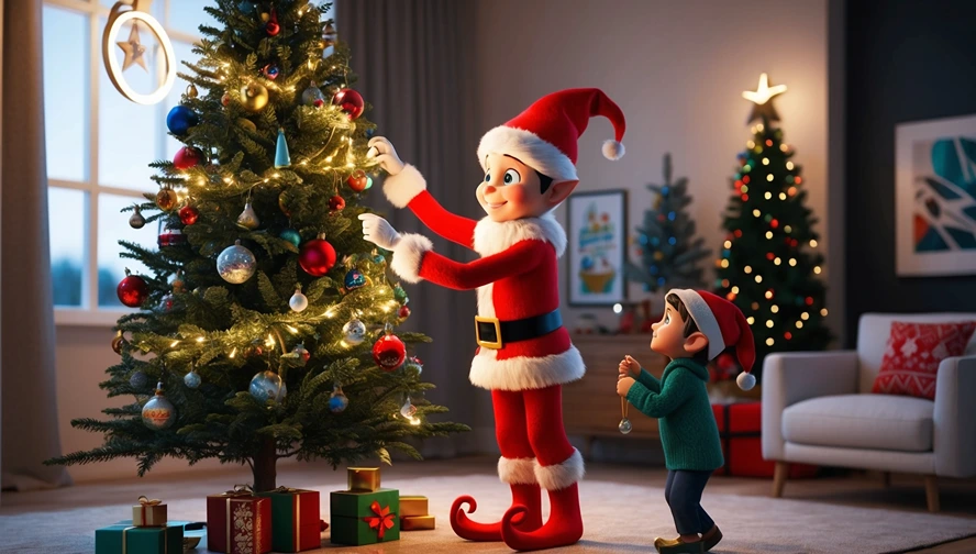 Nisse teaching a child about traditional Scandinavian Christmas decorations, passing down cultural knowledge - Create educational Nisse letters with Magic Letter Box