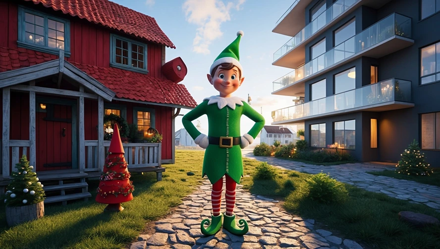 Nisse standing between traditional Scandinavian house and modern apartments, symbolizing the evolution of folklore - Explore Nisse traditions with Magic Letter Box