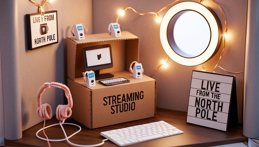 Miniature streaming studio setup with 'Live from North Pole' sign, cardboard desk, and pink headphones for holiday elf broadcasting