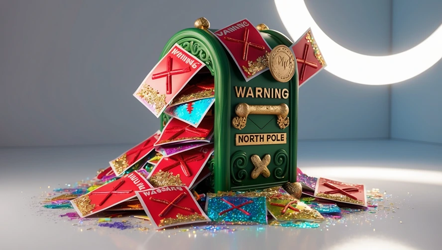 North Pole mailbox overflowing with warning letters and sparkles, demonstrating Magic Letter Box's multiple letter template options