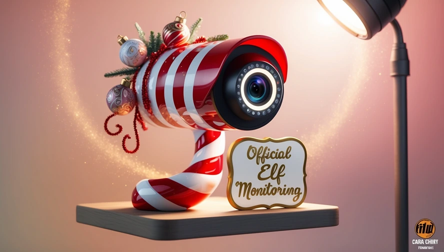 Candy cane styled monitoring camera with 'Official Elf Monitoring' sign, representing Magic Letter Box's behavior tracking features