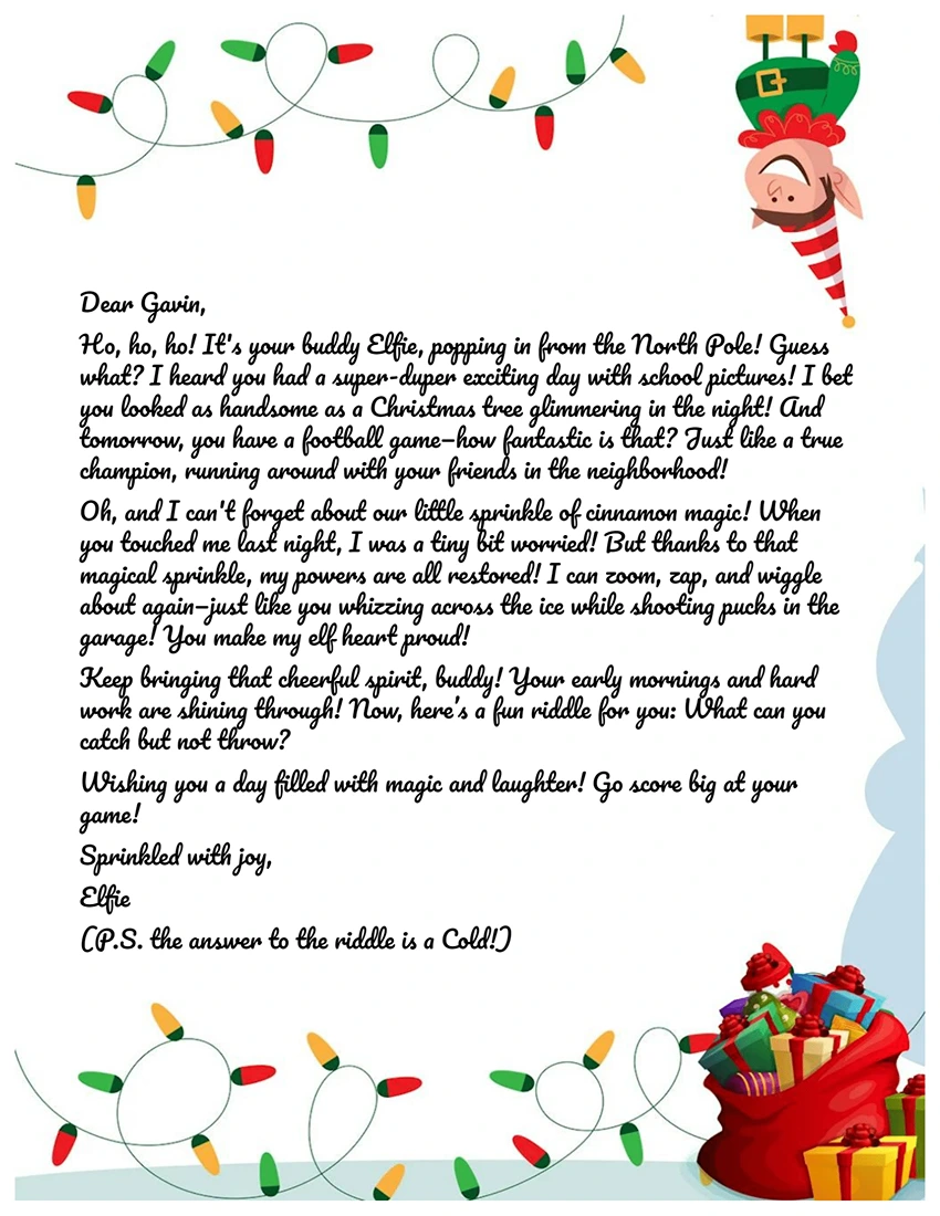 Personalized Holiday Elf letter addressing accidental touch, with Christmas lights and Santa's bag, created by Magic Letter Box