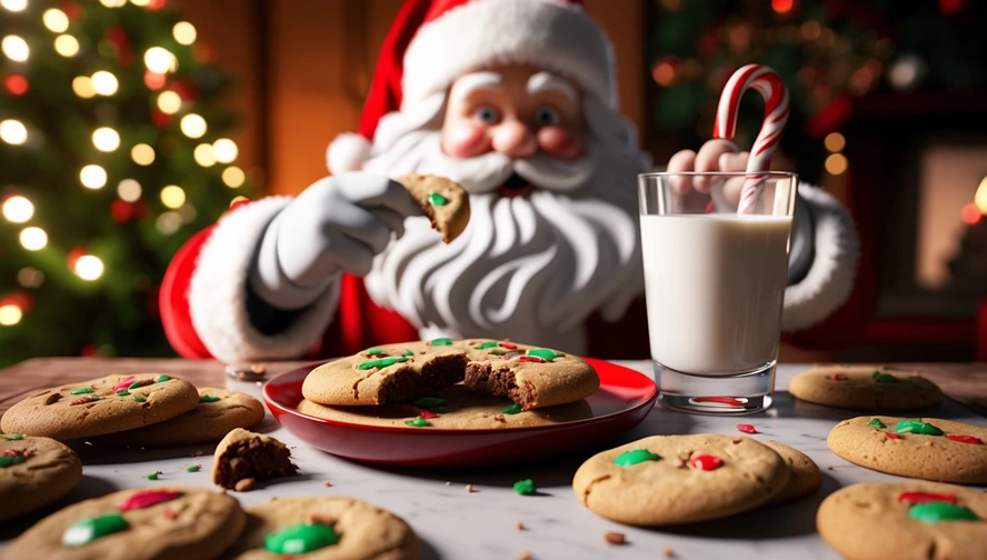 Santa Claus enjoying cookies and milk on Christmas Eve, surrounded by a festive Christmas tree - Elf Letter Bot