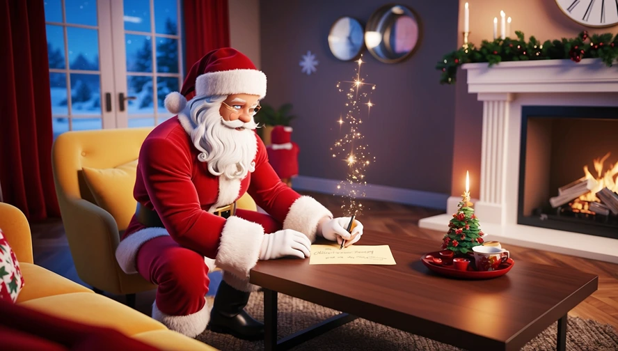 Santa Claus writing a magical Christmas Eve letter at a cozy, warmly lit table, with sparkling magic in the air - Elf Letter Bot