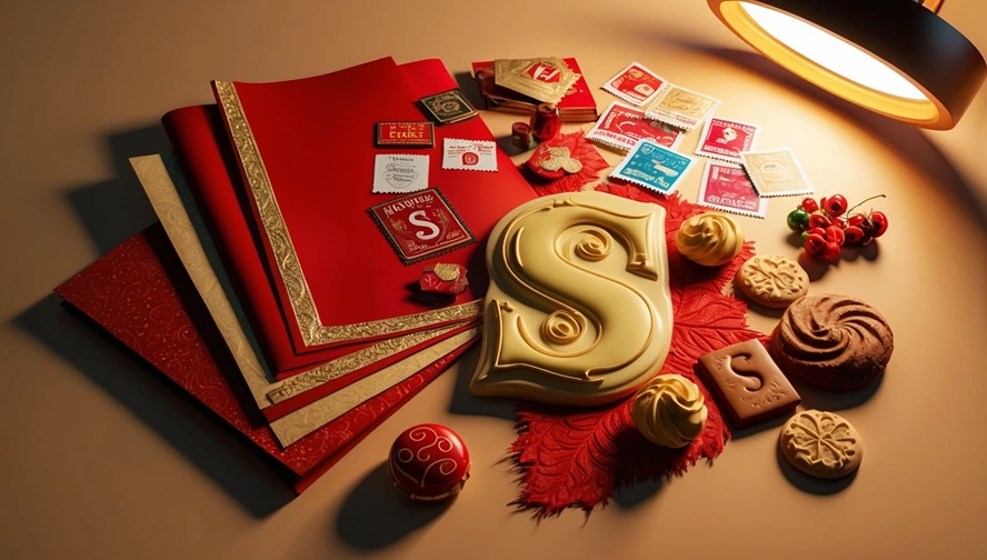 Traditional Dutch Sinterklaas letter supplies with chocolate letter and holiday stamps